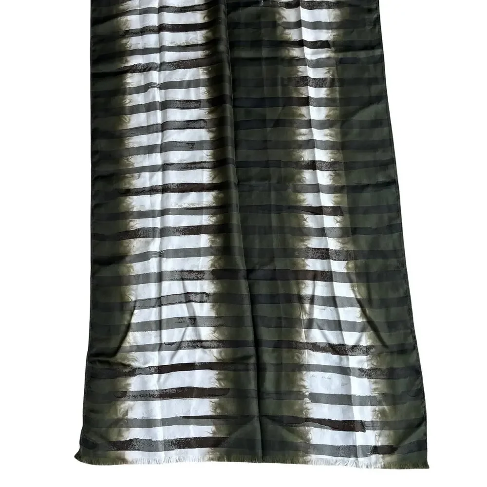 Chico’s silk scarf wrap shawl khaki green & white mod abstract stripes fringe